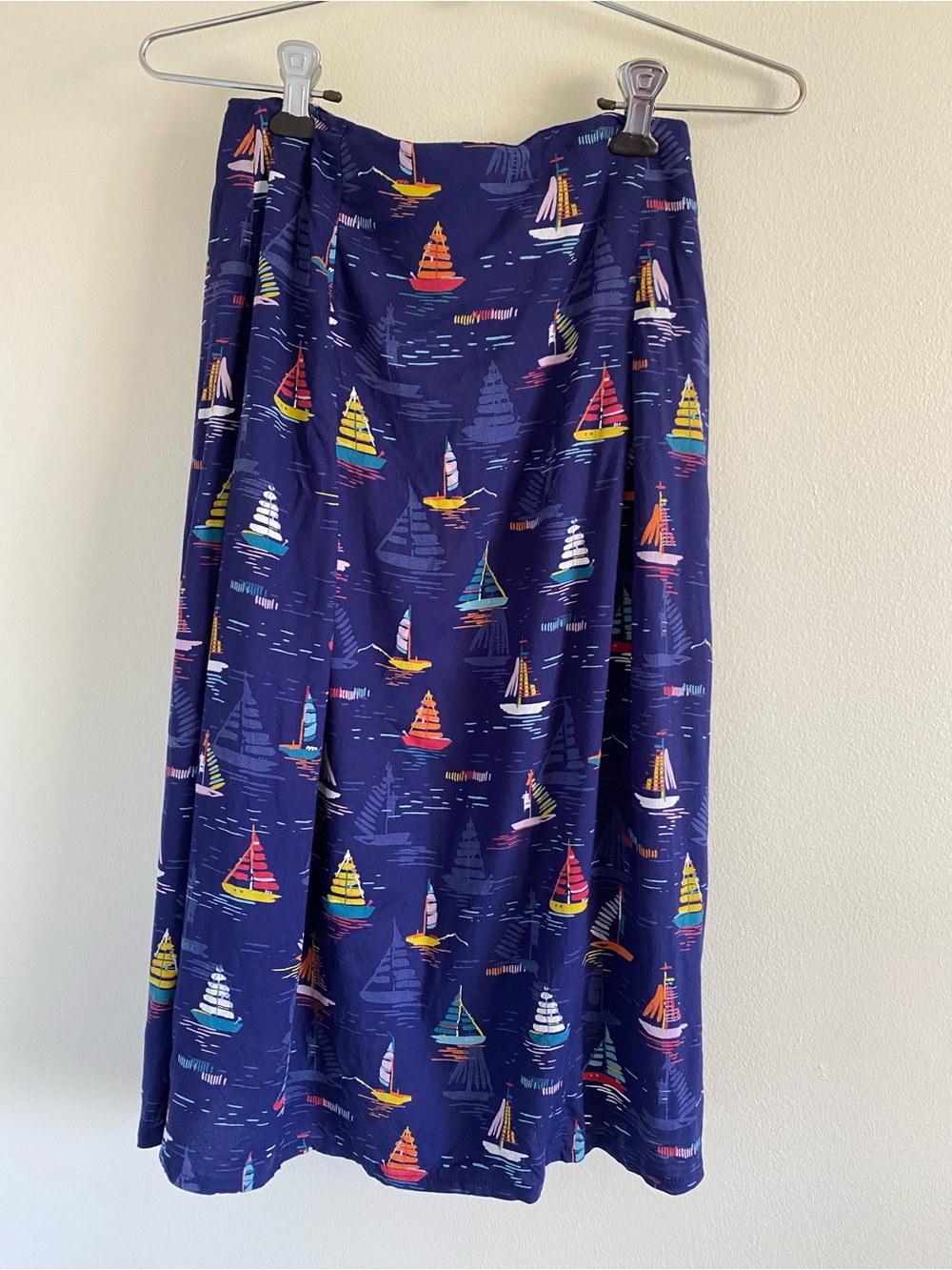 Navy Midi Skirt with Colorful Sailboat Print - Women's